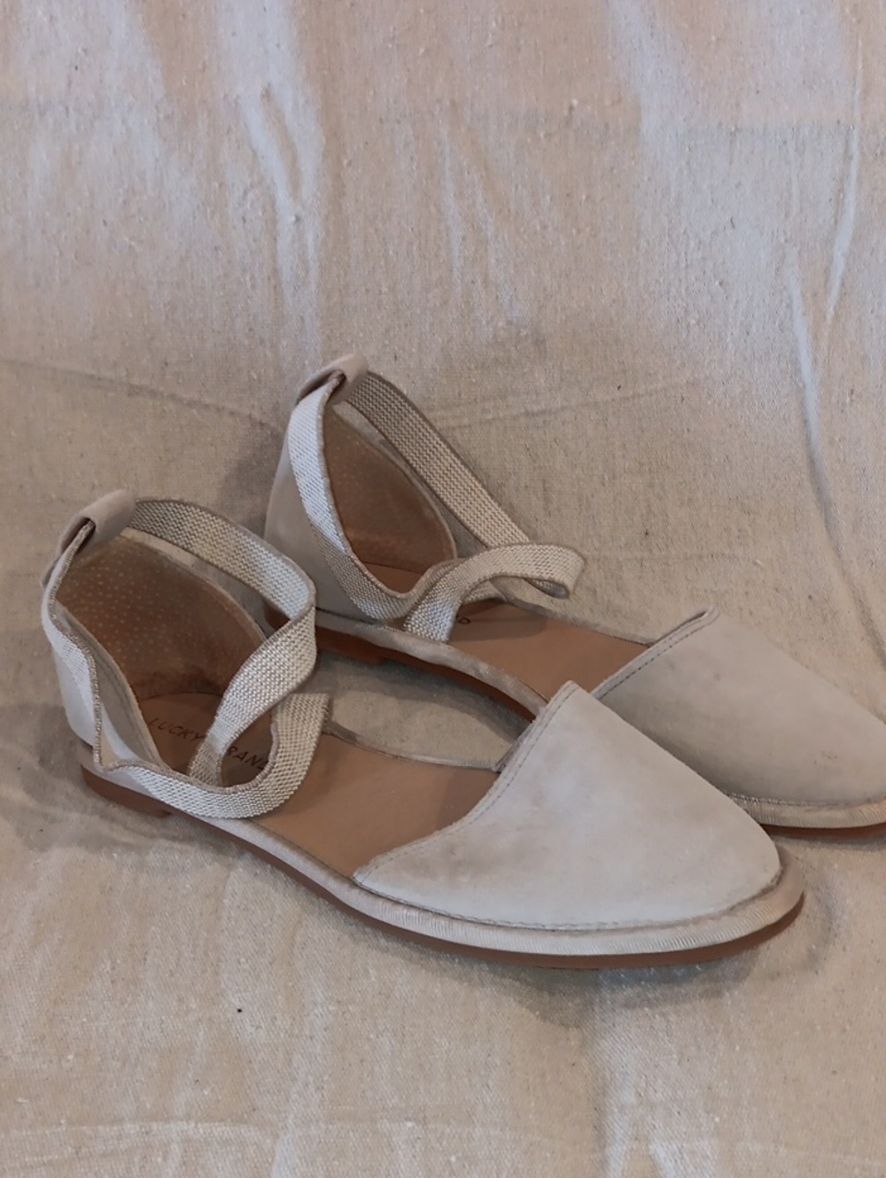 Lucky Brand Beige Suede D'Orsay Flats with Elastic Ankle Straps